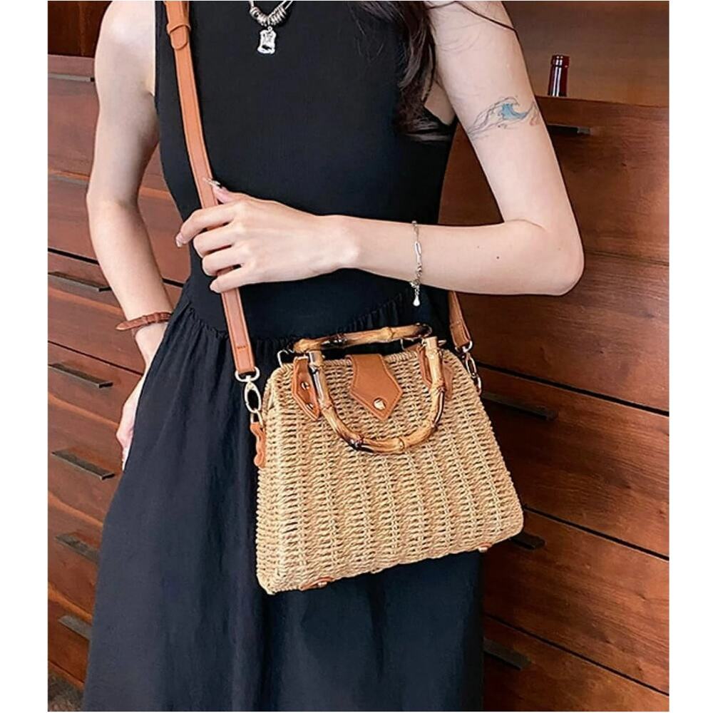 Straw Rattan Handbag Women Khaki Light Top Handle Crossbody Summer Beach Bag - Picture 2 of 9